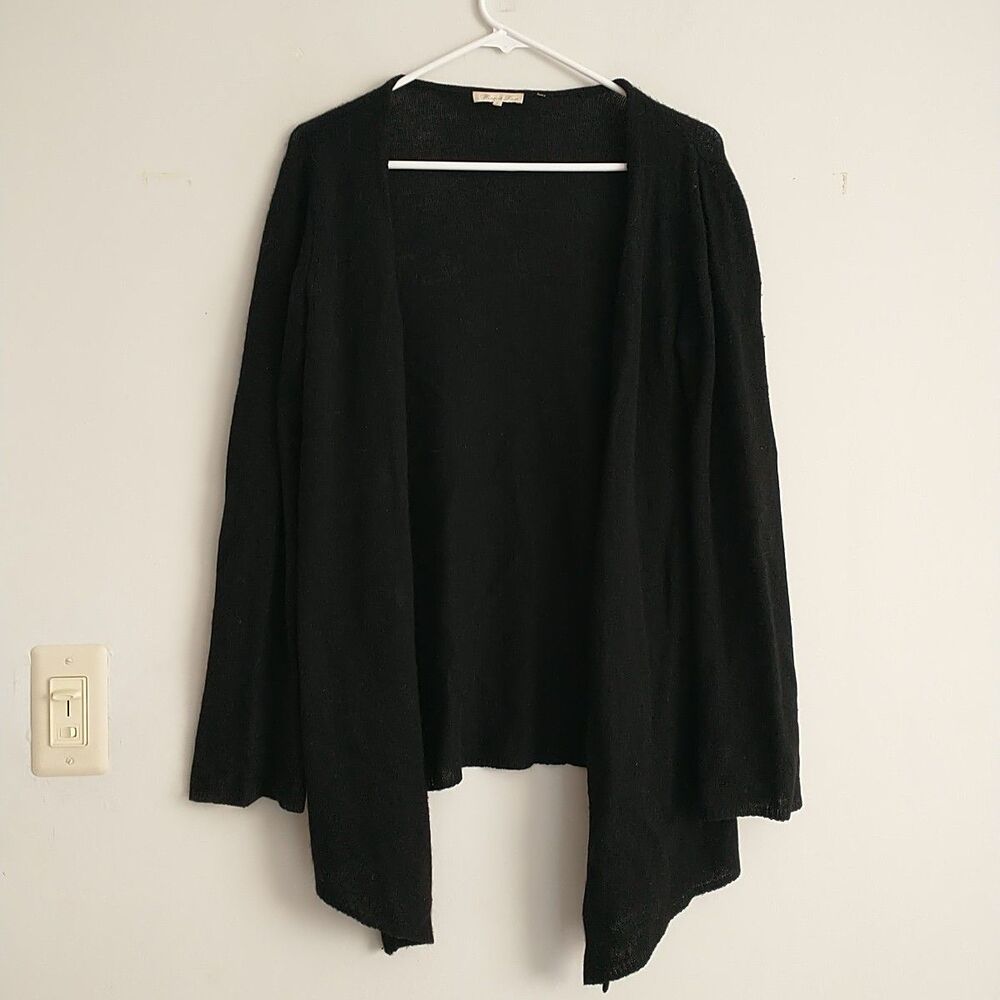 Minnie Rose Open Front Cardigan Womens S Black 100%Cashmere Flare Sleeve Boho